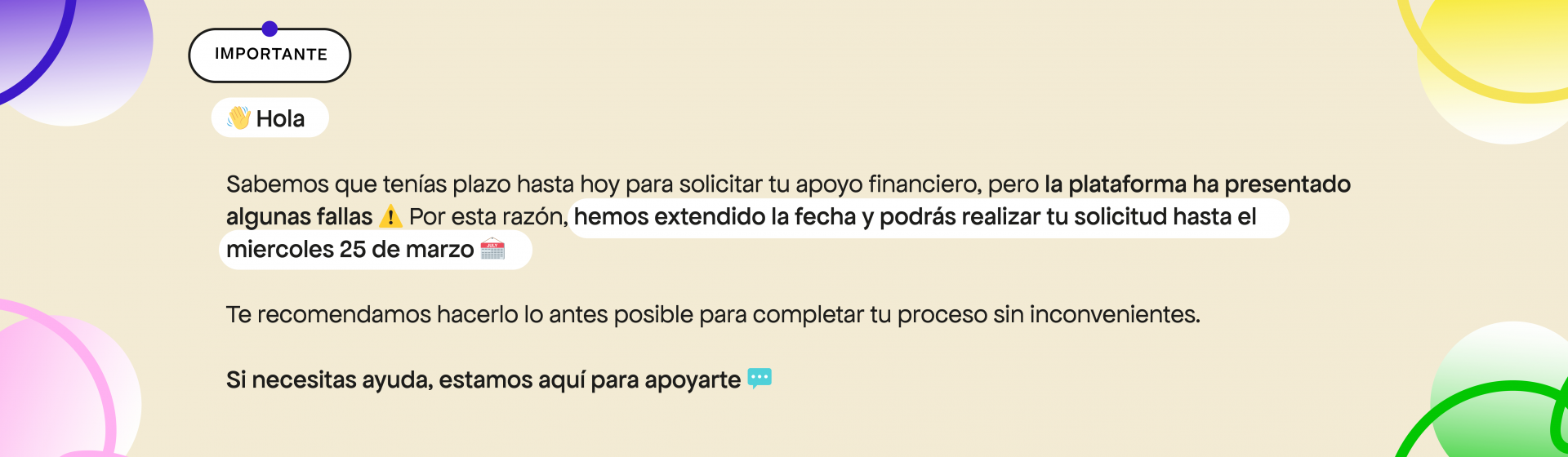 Inconvenientes solicitud apoyo financiero
